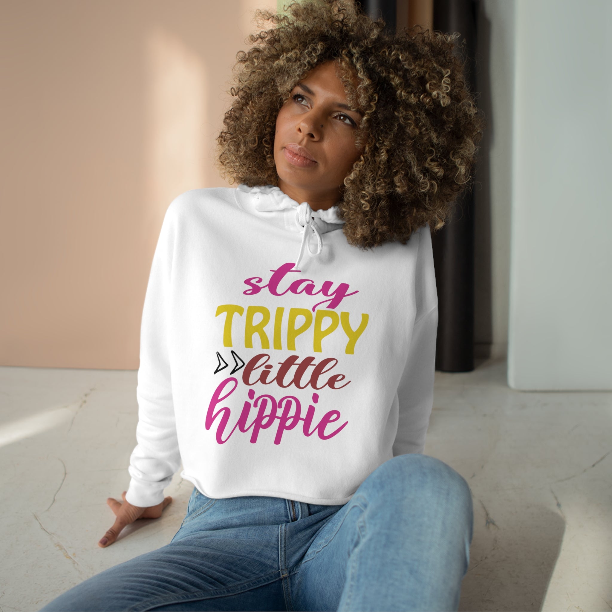 Crop Hoodies - Stay Trippy Little Hippie Crop Hoodie (Front Print) - Acid Daddy
