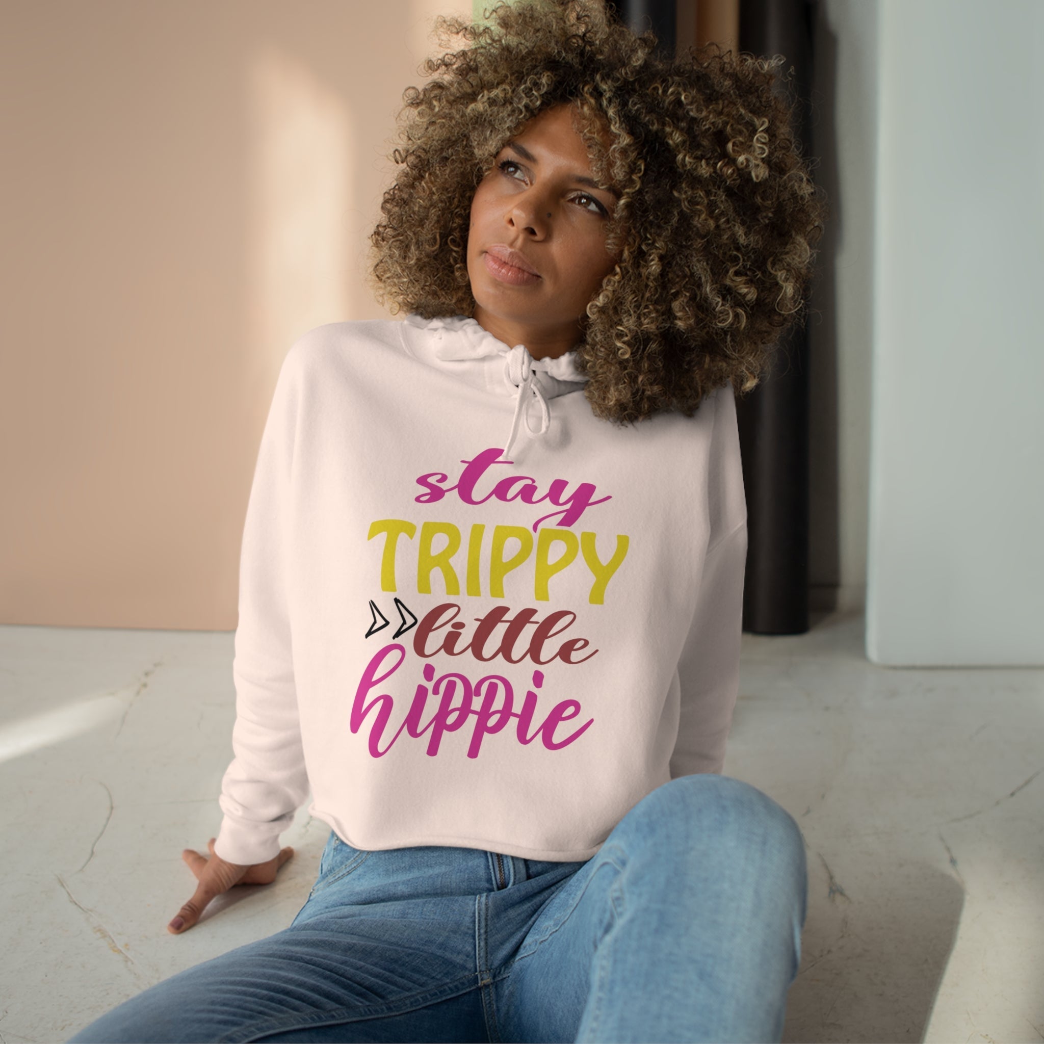 Crop Hoodies - Stay Trippy Little Hippie Crop Hoodie (Front Print) - Acid Daddy